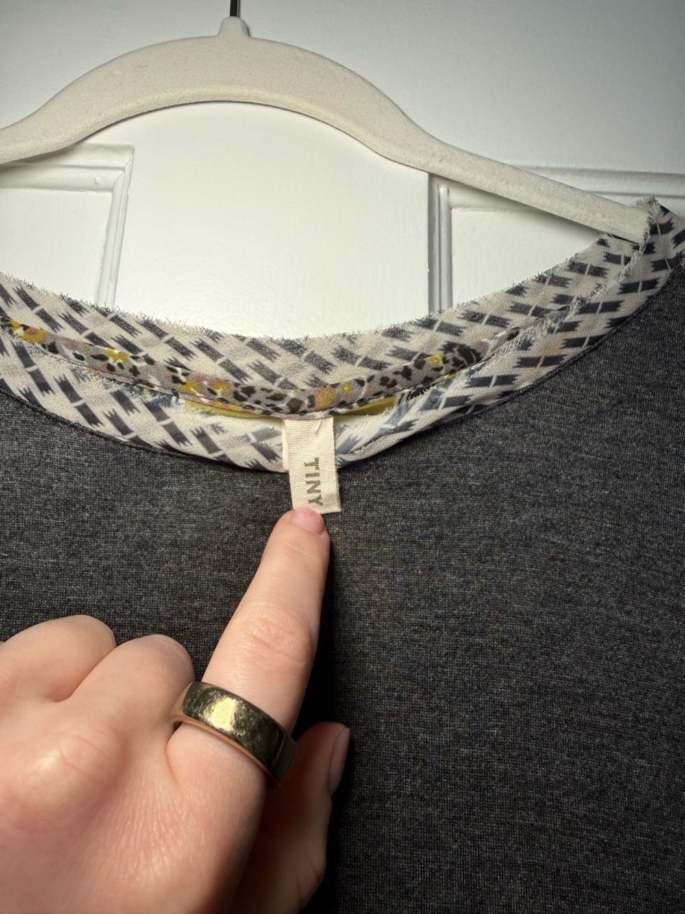 TINY Heather Gray Crewneck Top with Patterned Trim